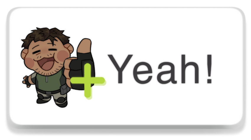 1boy, beard_stubble, chibi, chibi_only, chris_redfield, english_text, facial_hair, hand_up, highres, koreyexe, male_focus, meme, miiverse_yeah!_(meme), plus_sign, resident_evil, simple_background, smile, solo, stubble, thumbs_up