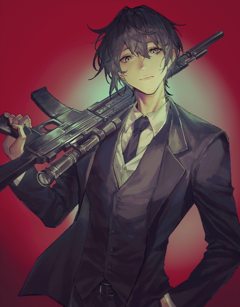 1boy, black_eyes, black_hair, black_necktie, black_suit, blazer, closed_mouth, coat, collar, collared_shirt, gomi_f, gun, hand_in_pocket, hand_up, holding, holding_gun, holding_weapon, jacket, long_sleeves, looking_at_viewer, male_focus, necktie, open_clothes, open_coat, original, shirt, simple_background, solo, submachine_gun, suit, upper_body, weapon, white_collar, white_shirt