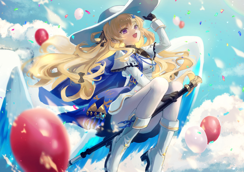 1girl, :d, black_bow, black_collar, black_gloves, blonde_hair, blue_sash, boots