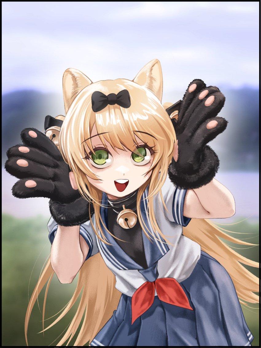 1girl, animal_ears, animal_hands, bell, black_bow, blue_sailor_collar, blue_skirt, blurry, blurry_background, bow, cat_ears, cat_paws, chtv, commentary, english_commentary, girls_frontline, gloves, green_eyes, hair_bell, hair_bow, hair_ornament, highres, jingle_bell, long_hair, looking_at_viewer, neck_bell, neckerchief, official_alternate_costume, open_mouth, paw_gloves, pleated_skirt, red_neckerchief, sailor_collar, school_uniform, serafuku, shirt, skirt, solo, teeth, tmp_(girls'_frontline), tmp_(meow_prism_power)_(girls'_frontline), upper_teeth_only, white_shirt