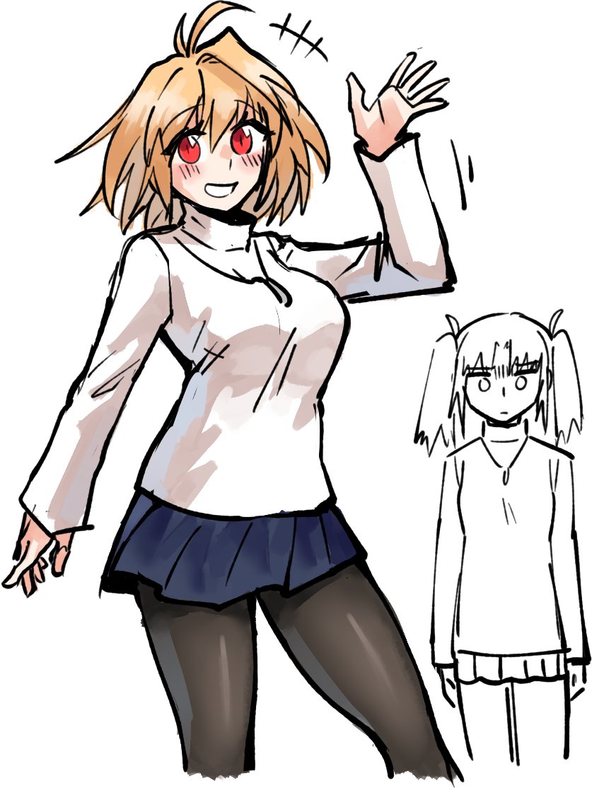2girls, ahoge, arcueid_brunestud, arcueid_brunestud_(cosplay), blonde_hair, blue_skirt, blush, breasts