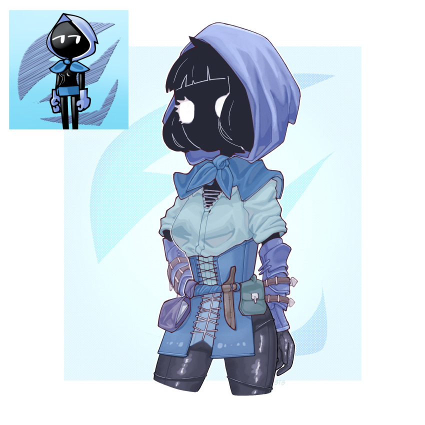 1girl, balancetheball, black_gloves, black_hair, black_pants, black_skin, blue_hood, blue_neckerchief