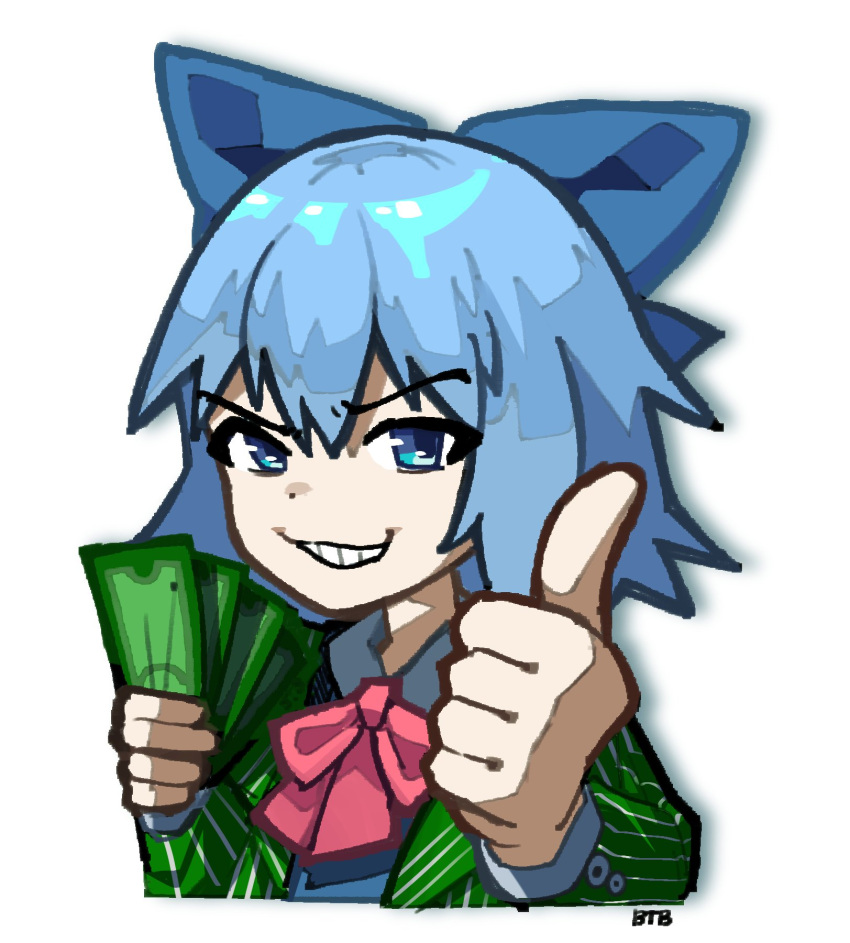 1girl, balancetheball, blue_bow, blue_eyes, blue_hair, bow, cirno, commentary