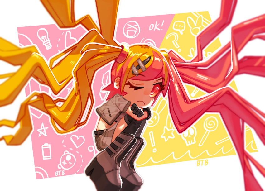 1girl, balancetheball, black_hair, black_thighhighs, blonde_hair, boots, commentary, crop_top