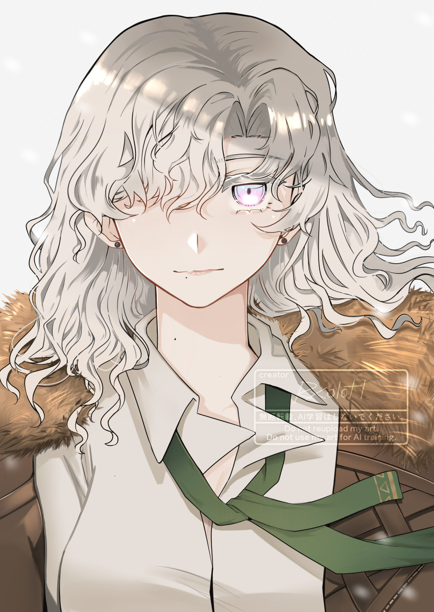 1girl, absurdres, brown_coat, coat, collared_shirt, curly_hair, fur-trimmed_coat, fur_trim