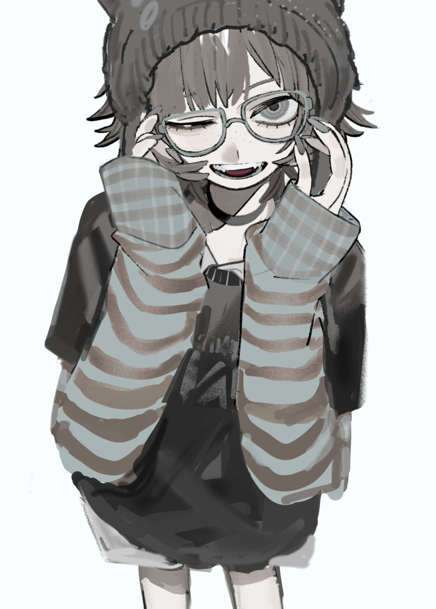 1girl, beanie, black_hat, black_nails, black_shirt, brown_hair, chappii_(paon_gunsou), fangs