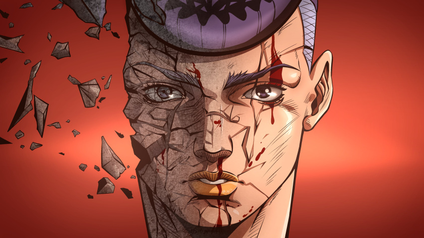 1boy, absurdres, araki_hirohiko_(style), blood, blood_on_face, crack, cracked_eyes, cracked_skin