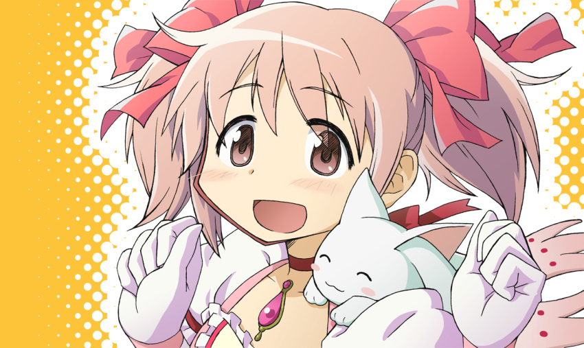 :o, ^_^, animal_on_shoulder, bad_id, blush, bow, choker, clenched_hand