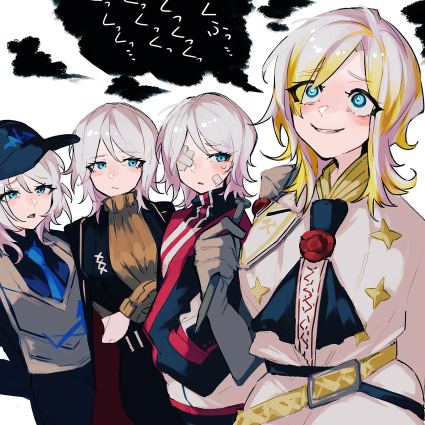 4girls, arms_behind_back, bandaid, bandaid_on_cheek, bandaid_on_face, baseball_cap, belt, belt_buckle