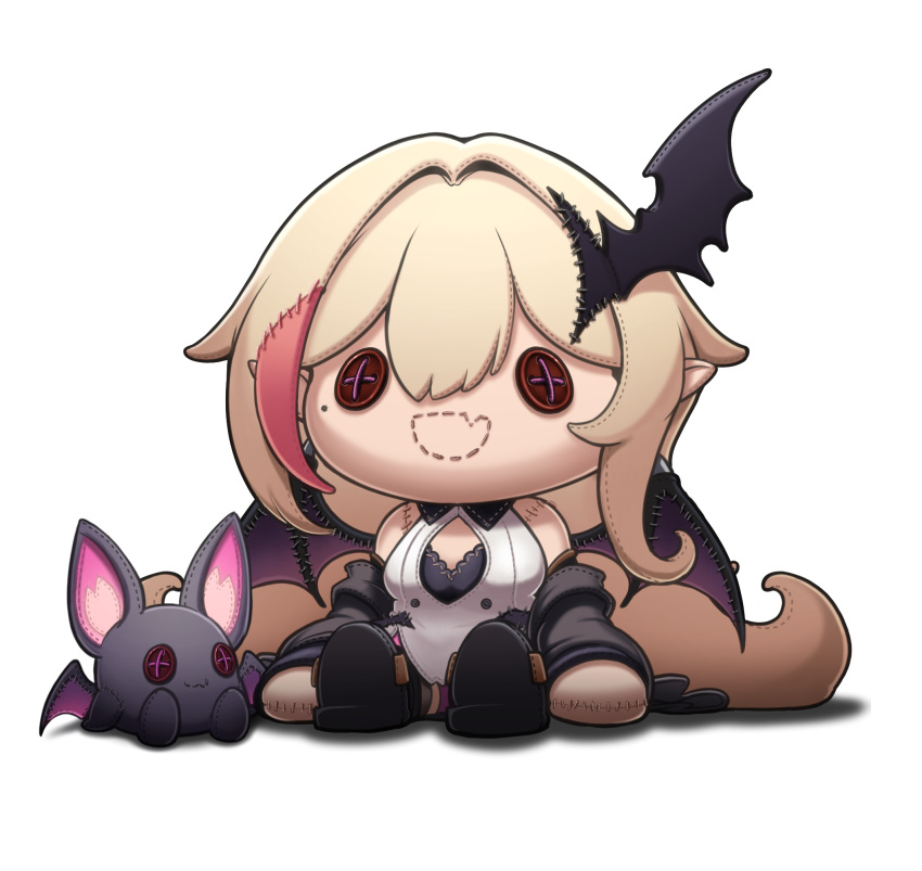 1girl, black_boots, black_jacket, black_wings, blonde_hair, boots, button_eyes, buttons
