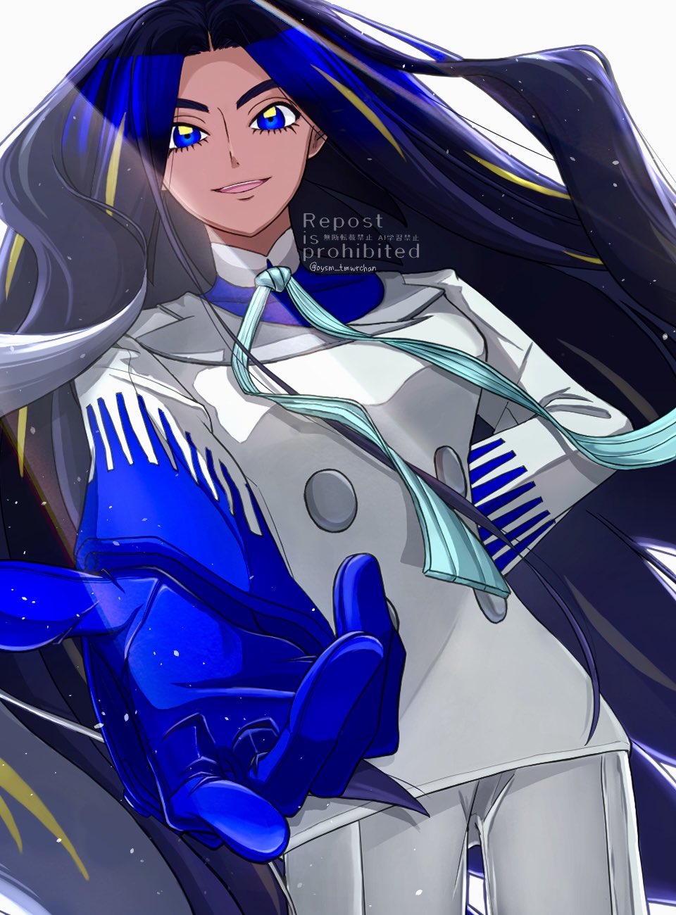 1girl, arm_behind_back, black_hair, blue_eyes, blue_gloves, blue_shirt, buttons, commentary