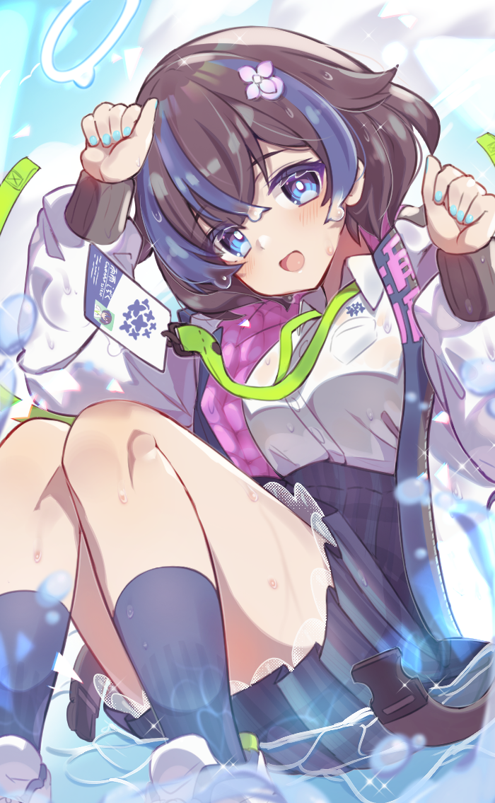 1girl, :d, arm_up, black_hair, black_skirt, black_socks, blue_eyes, blue_hair