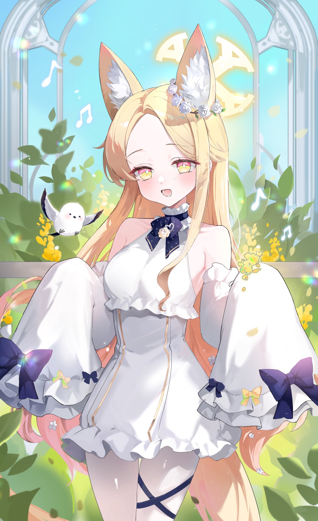1girl, alternate_costume, animal_ears, bare_shoulders, bird, blonde_hair, blue_archive, blush