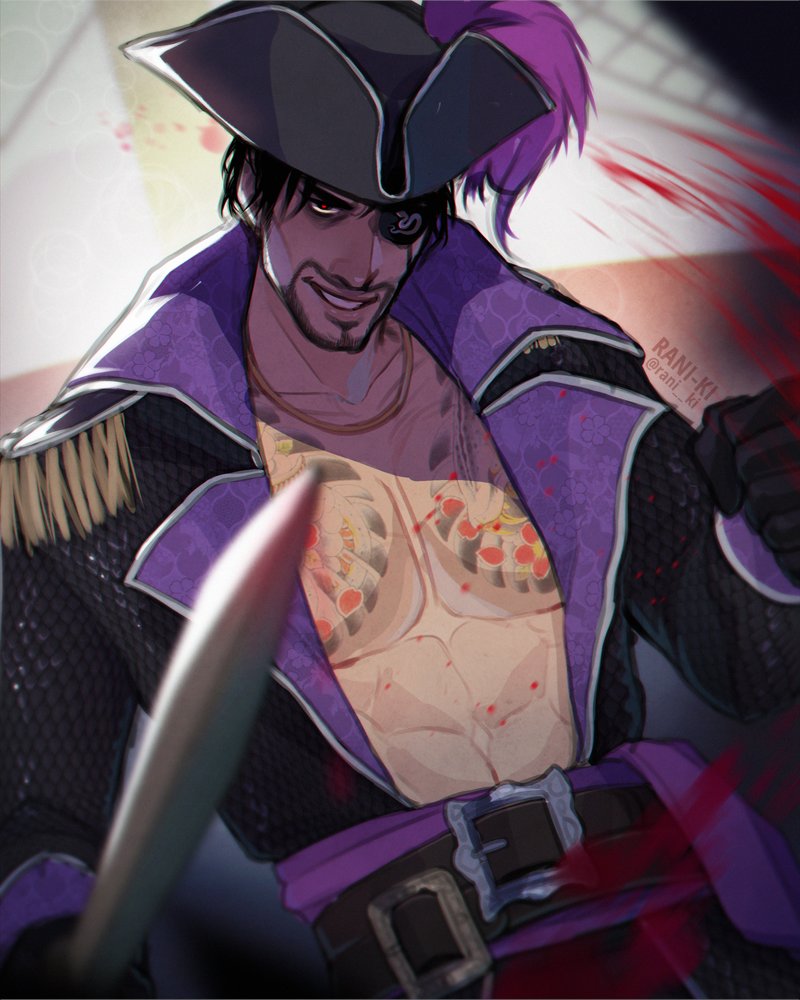 1boy, abs, artist_name, beard, belt, belt_buckle, bicorne, black_coat