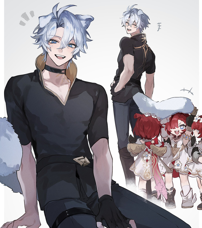 +++, 1boy, 3girls, :d, ^_^, animal_ears, antenna_hair, arms_up