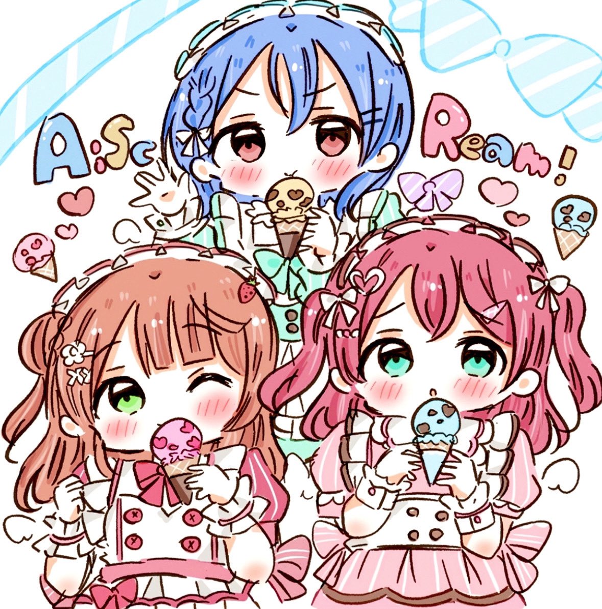 3girls, ai_scream!_(love_live!), aiscream_(love_live!), apron, blue_bow, blue_hair, blue_ribbon, bow