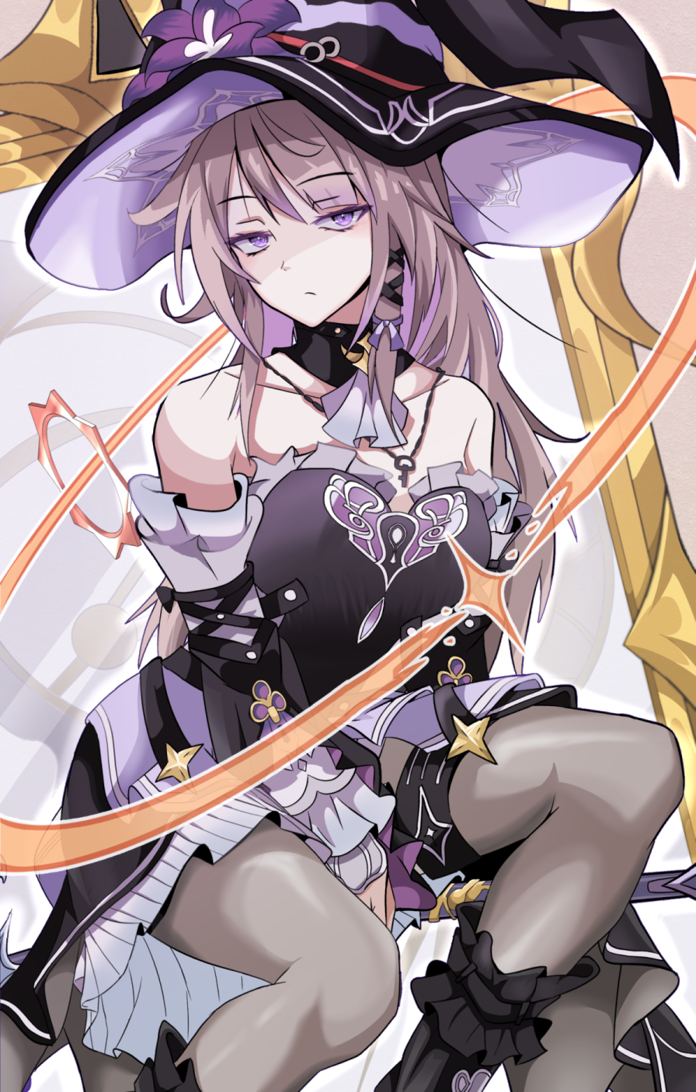 1girl, bare_shoulders, black_hat, black_pantyhose, black_shoes, brown_hair, closed_mouth, collarbone