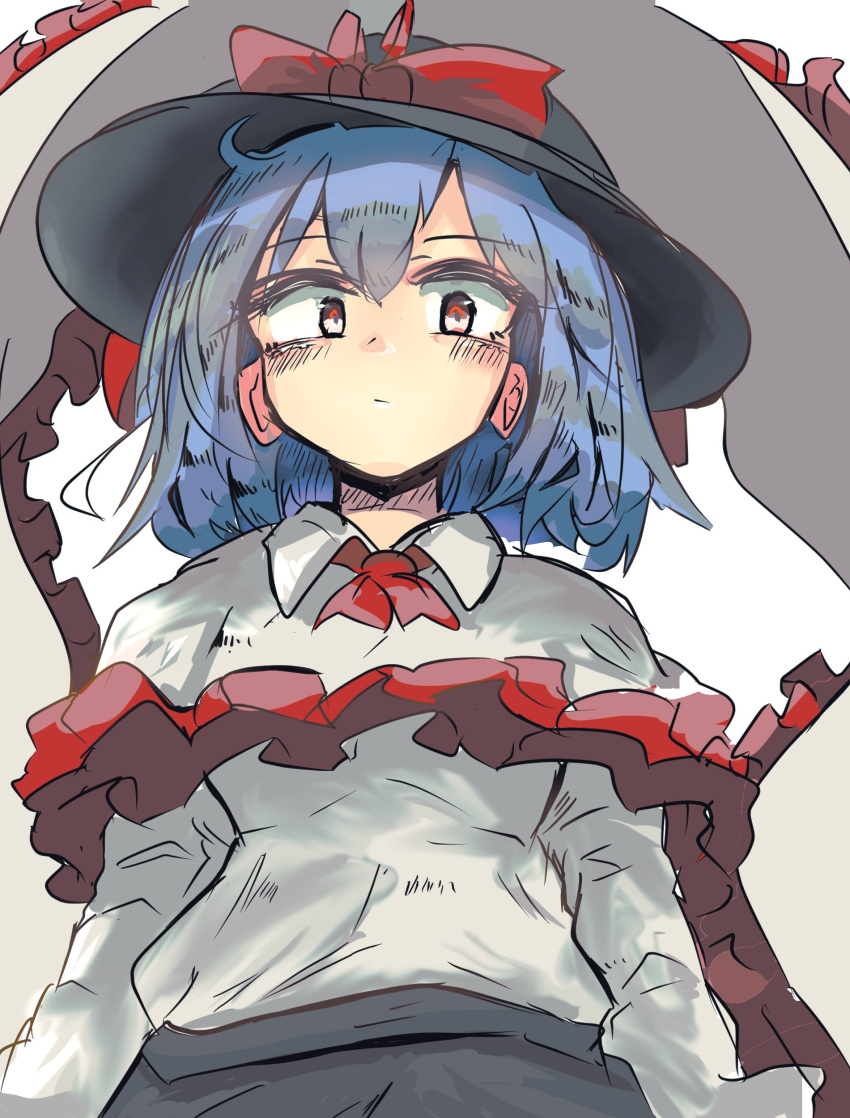 1girl, absurdres, black_hair, black_skirt, blue_hair, blush, bow, capelet
