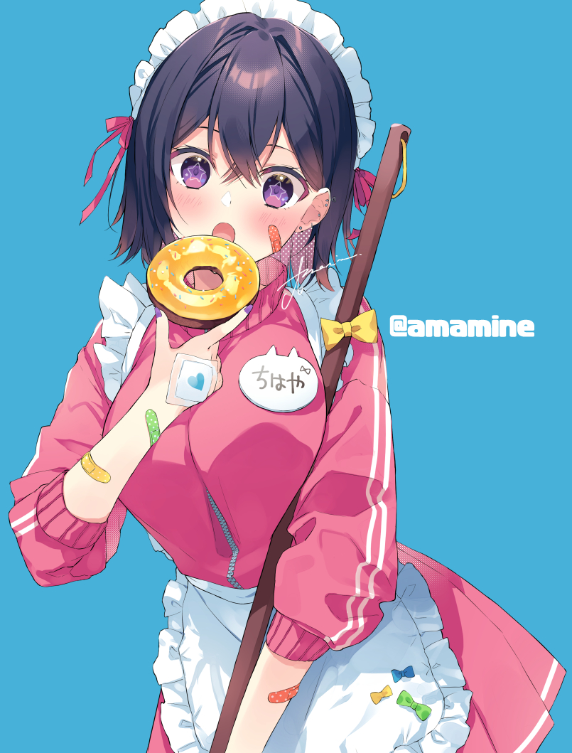 .live, 1girl, amamine, apron, bandaid, bandaid_on_arm, bandaid_on_face, broom