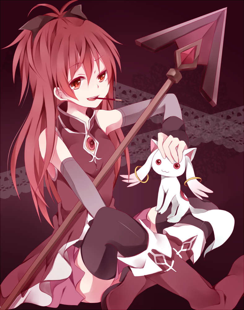 bare_shoulders, black_legwear, black_thighhighs, boots, detached_sleeves, kouko, kyubey, kyuubee