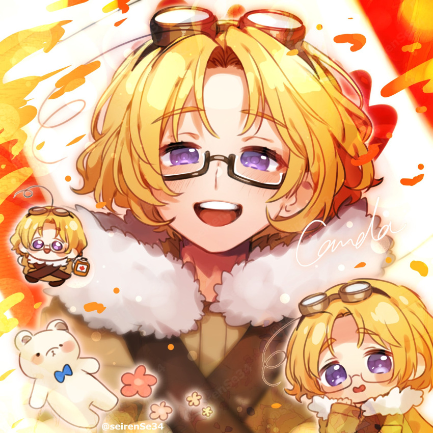 1boy, ahoge, artist_name, axis_powers_hetalia, belt, black-framed_eyewear, blonde_hair, blue_bow