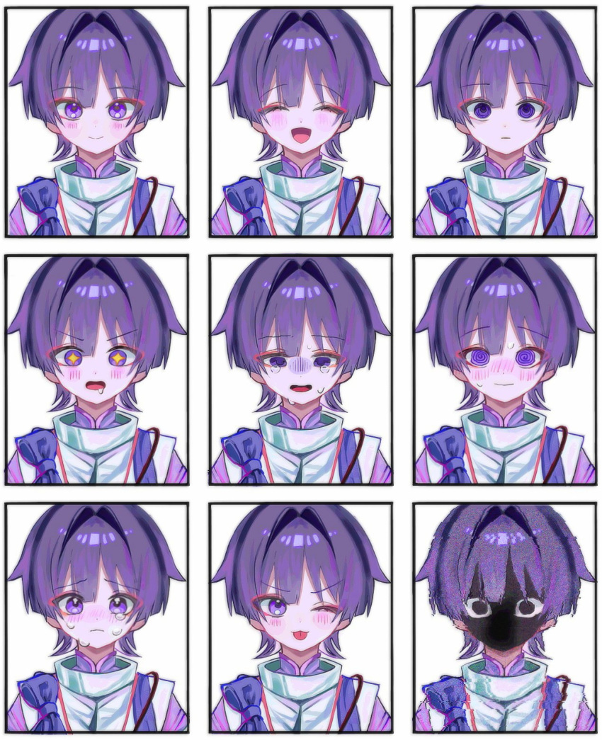 1boy, @_@, asymmetrical_bangs, blunt_bangs, blunt_ends, blush, ckiows, closed_eyes, crazy_eyes, crying, crying_with_eyes_open, drooling, eyeliner, eyes_in_shadow, eyeshadow, genshin_impact, glitch, hair_intakes, happy, highres, japanese_clothes, kariginu, kimono, layered_kimono, layered_sleeves, makeup, male_focus, mandarin_collar, mouth_drool, multiple_expressions, multiple_views, nervous_sweating, one_eye_closed, open_mouth, portrait, purple_hair, purple_kimono, purple_sleeves, raised_eyebrows, red_eyeliner, red_eyeshadow, ringed_eyes, scaramouche_(genshin_impact), scaramouche_(kabukimono)_(genshin_impact), shaded_face, smile, sparkling_eyes, split_mouth, straight-on, string, sweat, tasuki, tears, v-shaped_eyebrows, violet_eyes, wavy_mouth, white_sleeves