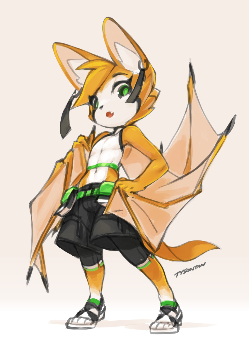 1boy, 2018, absurdres, animal_ears, bat_(animal), bat_ears, bat_tail, bat_wings, bike_shorts, black_nails, black_shorts, blonde_hair, choker, crop_top, crossover, deltoids, downturned_eyes, dust:_an_elysian_tail, ear_ornament, fidget_(dust:_an_elysian_tail), freedom_planet_2, from_below, furry, furry_male, genderswap, genderswap_(ftm), green_eyes, hair_tuft, hand_on_own_hip, highres, krita_(medium), light_smile, looking_at_viewer, looking_down, navel, open_mouth, parted_lips, pectorals, raised_inner_eyebrows, sandals, shorts, signature, simple_background, standing, three_quarter_view, toned, tsurime, tyson_tan, vest, waist_bag, white_vest, wings, yellow_fur