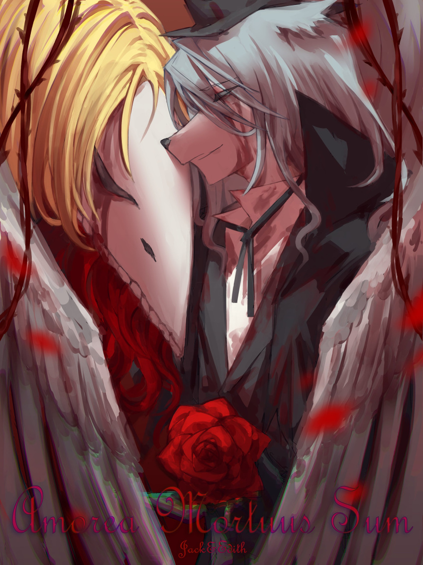 absurdres, bird, black_coat, black_hat, black_ribbon, blonde_hair, blood, blood_on_clothes