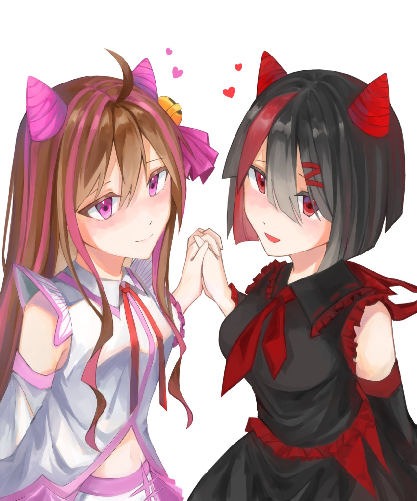 2girls, bell, black_hair, blush, brown_hair, closed_mouth, collared_shirt, detached_sleeves