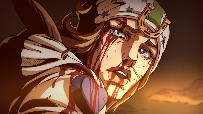 1boy, absurdres, anime_coloring, araki_hirohiko_(style), beanie, blood, blood_on_clothes, blood_on_face