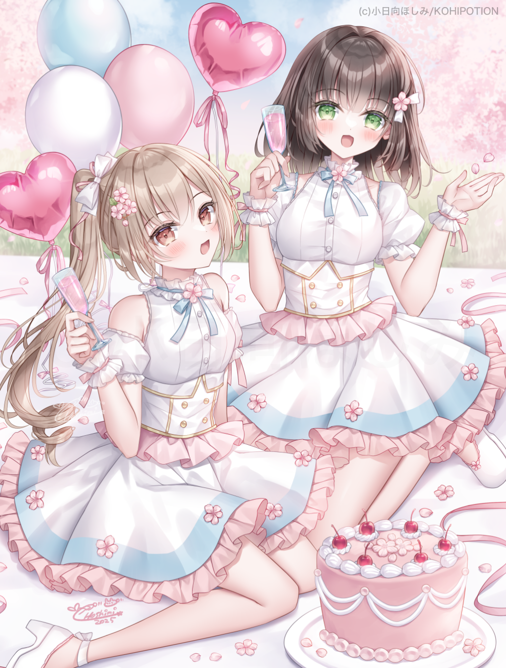 2girls, :d, balloon, bare_shoulders, black_hair, blue_bow, blue_sky, boude_miu