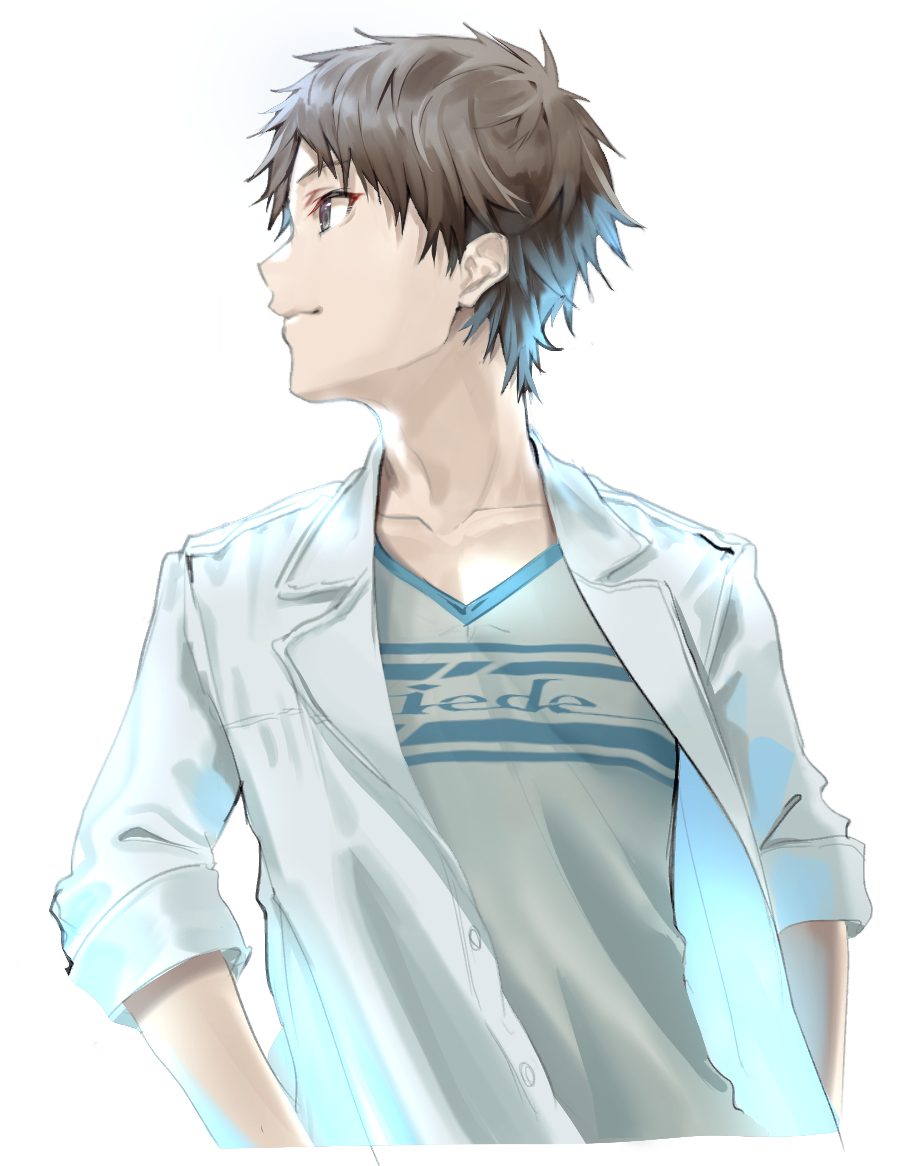 1boy, amei_kanna, black_eyes, brown_hair, closed_mouth, commentary_request, cropped_torso, hakuchuumu_no_aojashin