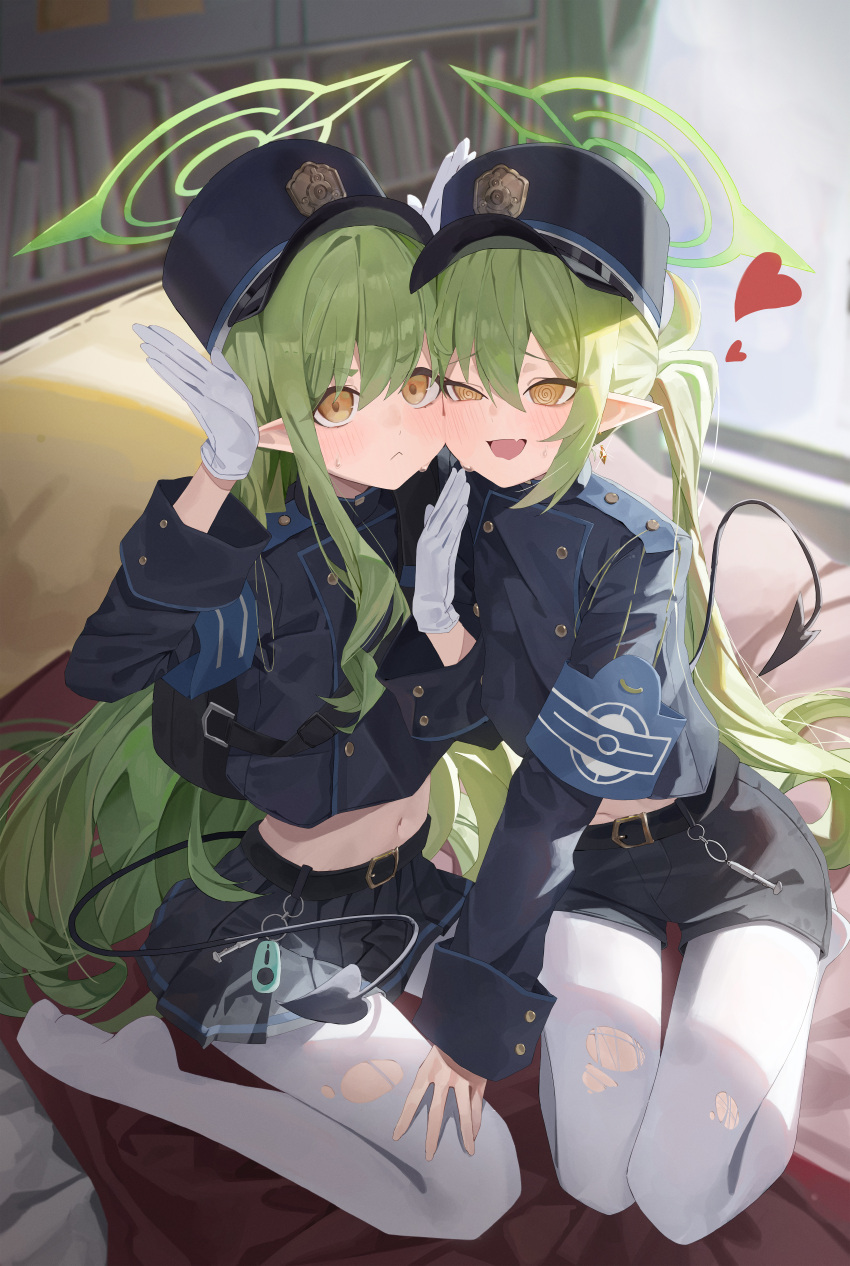 2girls, absurdres, black_hat, black_jacket, black_shorts, black_skirt, black_tail, blue_archive, blush, closed_mouth, commentary_request, demon_tail, fang, gloves, green_hair, green_halo, hair_between_eyes, halo, hat, heart, highres, hikari_(blue_archive), indoors, jacket, korean_commentary, long_hair, long_sleeves, mirrorapo_yemp, multiple_girls, no_shoes, nozomi_(blue_archive), open_mouth, pantyhose, peaked_cap, pleated_skirt, pointy_ears, shorts, siblings, sisters, skin_fang, skirt, tail, twins, twintails, white_gloves, white_pantyhose, yellow_eyes