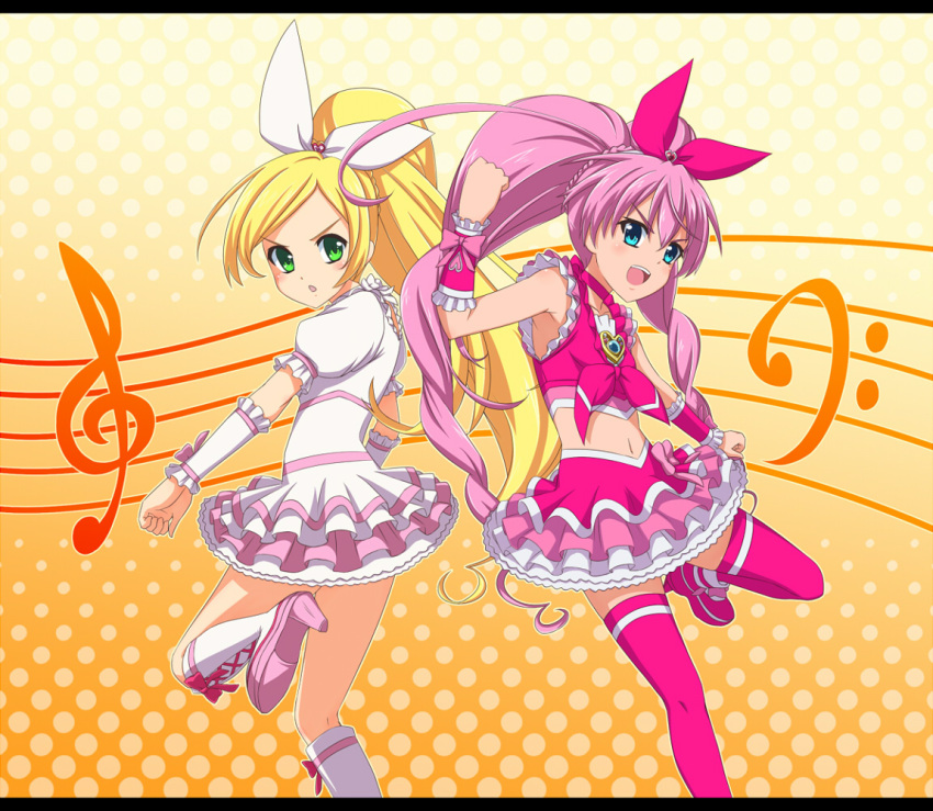 bass_clef, blonde_hair, blush, boots, bow, brooch, cure_melody, cure_rhythm