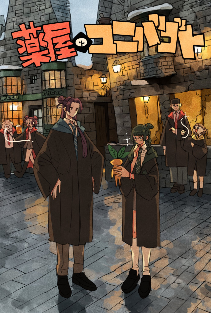 3boys, 3girls, black_robe, blue_necktie, brown_hair, double_bun, gaoshun_(kusuriya_no_hitorigoto), glass