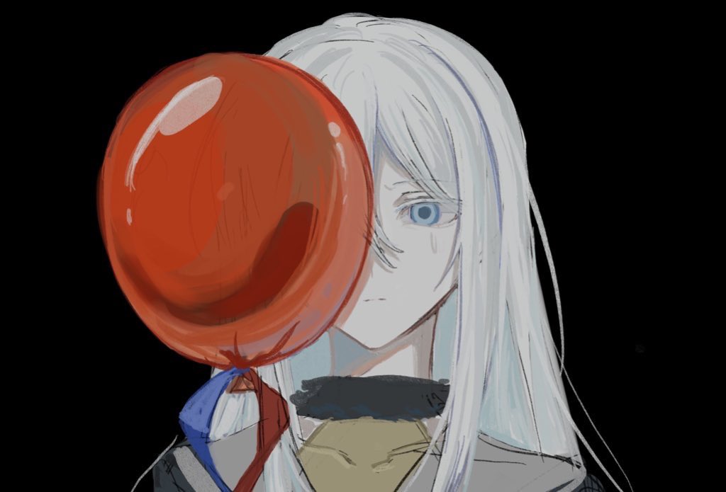1girl, balloon, black_background, black_shirt, blue_eyes, blue_ribbon, closed_mouth, empty_eyes