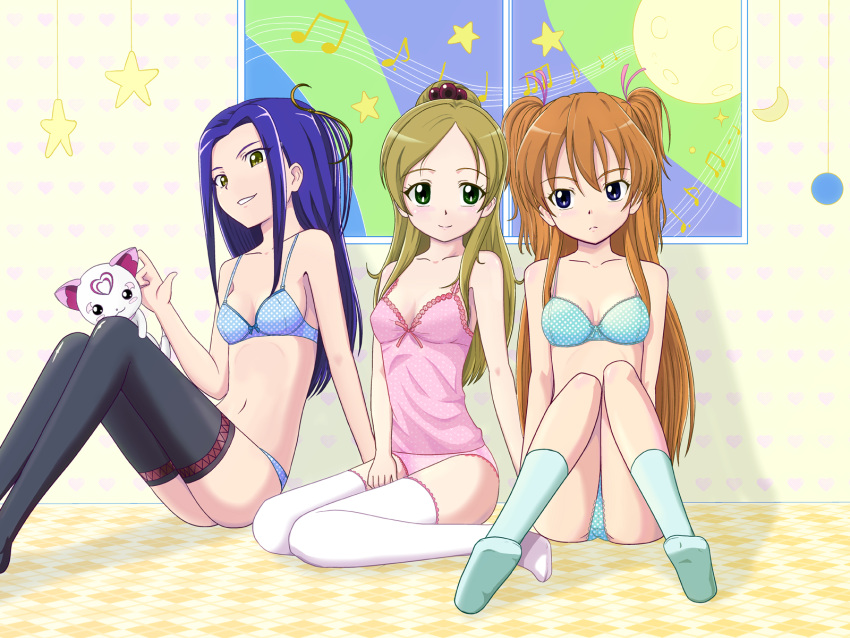 3girls, blue_bra, blue_eyes, blue_panties, blush, bra, brown_hair, camisole