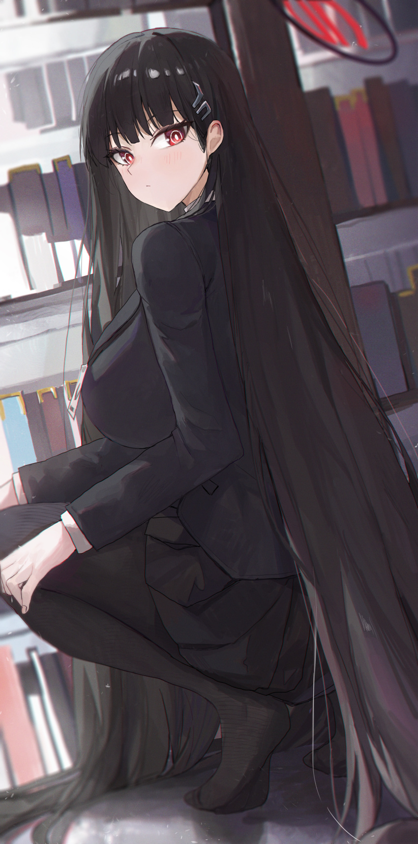 1girl, absurdres, back, black_hair, black_pantyhose, black_skirt, blazer, blue_archive