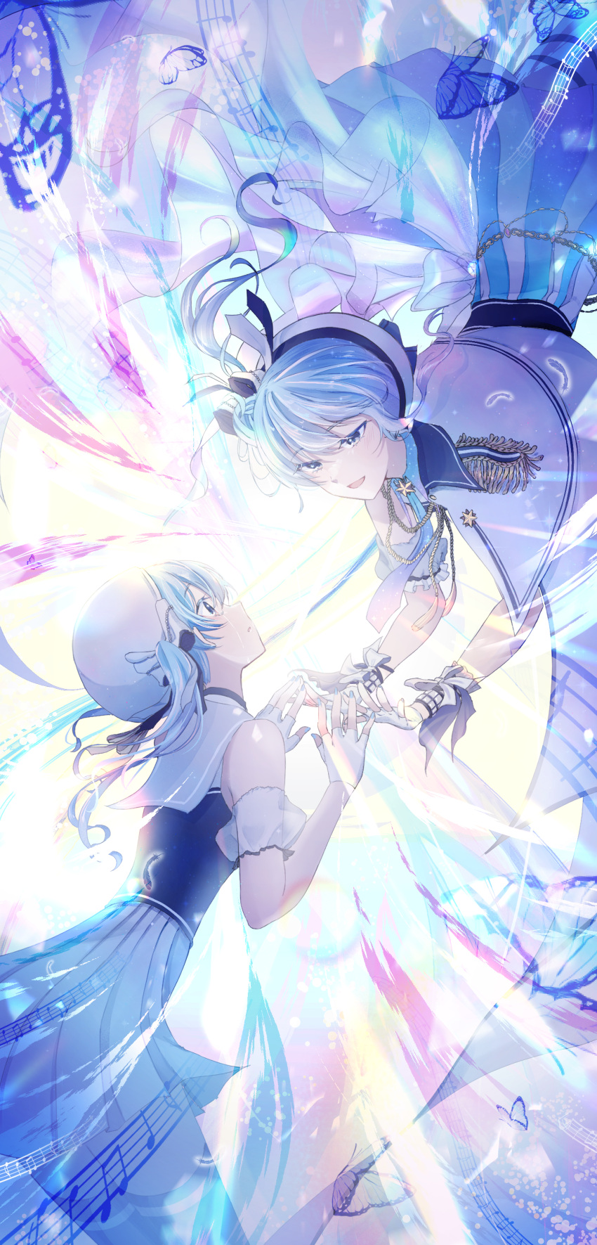 6n0_w, absurdres, beret, blue_eyes, blue_hair, blue_nails, blue_skirt, bug