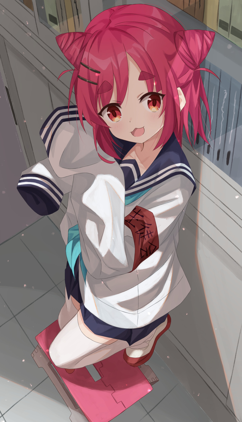 1girl, :3, :d, absurdres, aqua_neckerchief, armband, chinosuke_(cs4126), hair_ears