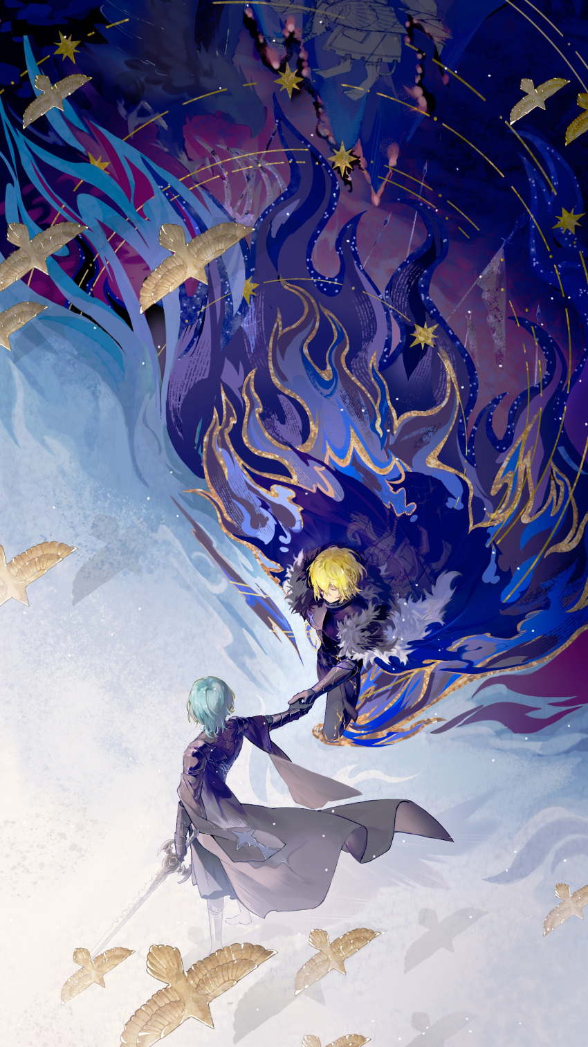 2boys, absurdres, animal, armor, bird, black_armor, black_cape, black_fur, blonde_hair, blue_cape, blue_eyes, boots, byleth_(fire_emblem), byleth_(male)_(enlightened)_(fire_emblem), byleth_(male)_(fire_emblem), cape, chinese_commentary, commentary_request, diamond_(shape), dimitri_alexandre_blaiddyd, dimitri_alexandre_blaiddyd_(timeskip), fire_emblem, fire_emblem:_three_houses, floating_clothes, flying, from_above, green_hair, highres, holding, holding_hands, holding_sword, holding_weapon, looking_at_another, male_focus, multiple_boys, nanyi261, outstretched_arm, shadow, standing, sword, weapon, white_fur