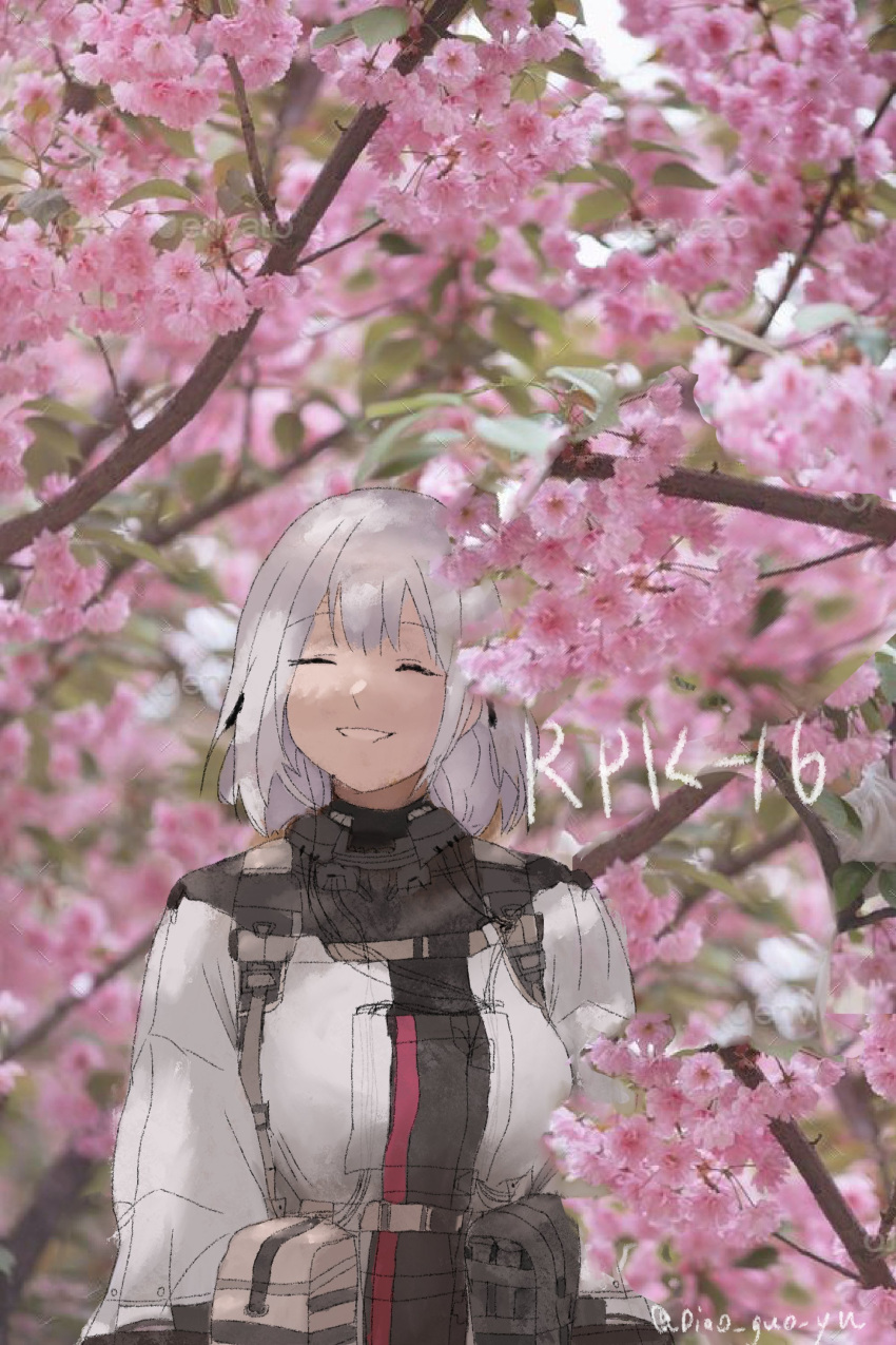 1girl, absurdres, belt_pouch, character_name, closed_eyes, diao_guo_yu, flower, girls_frontline