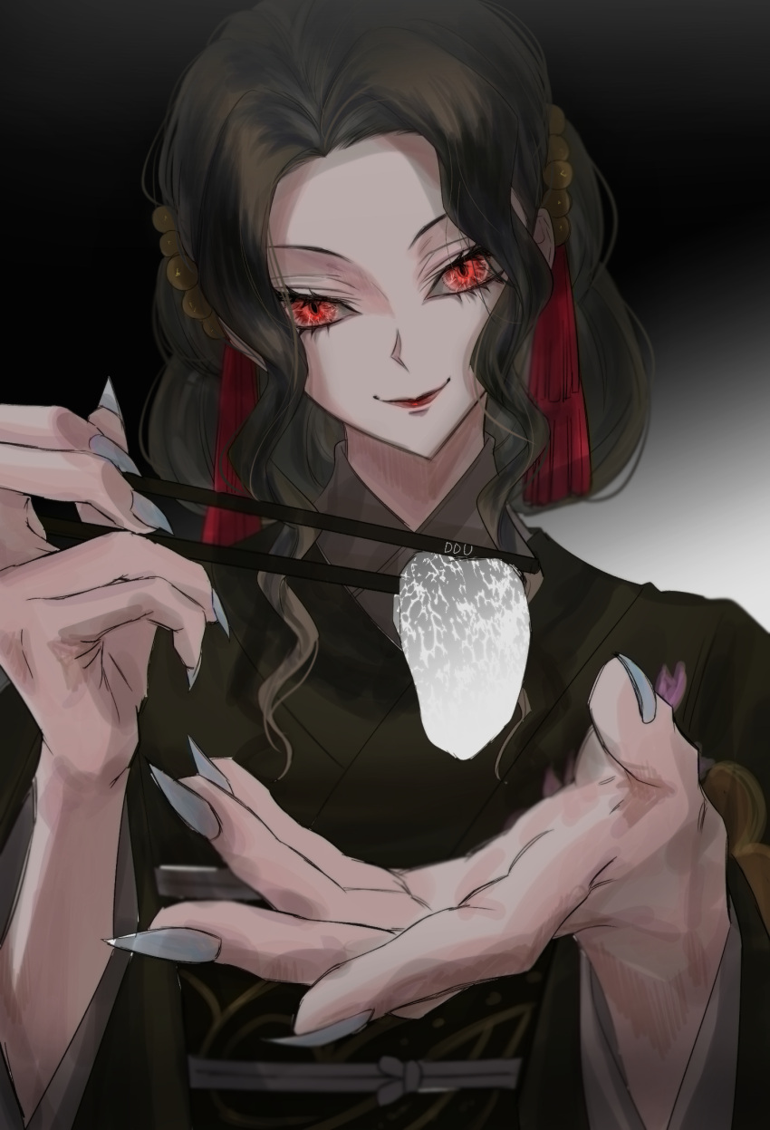 1girl, black_hair, black_kimono, chopsticks, commentary_request, ddu_45, feeding, fingernails