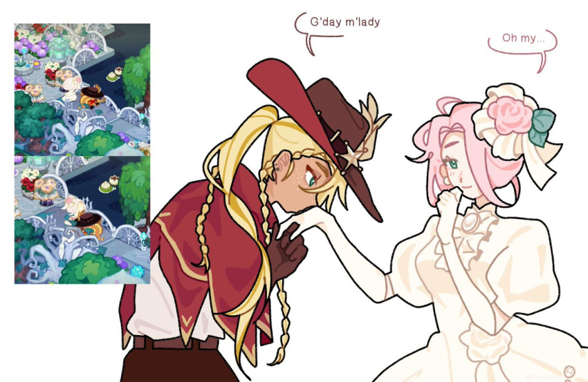 2girls, braided_sidelock, cloak, cookie_run, cookie_run:_kingdom, cowboy_western, dress, english_text