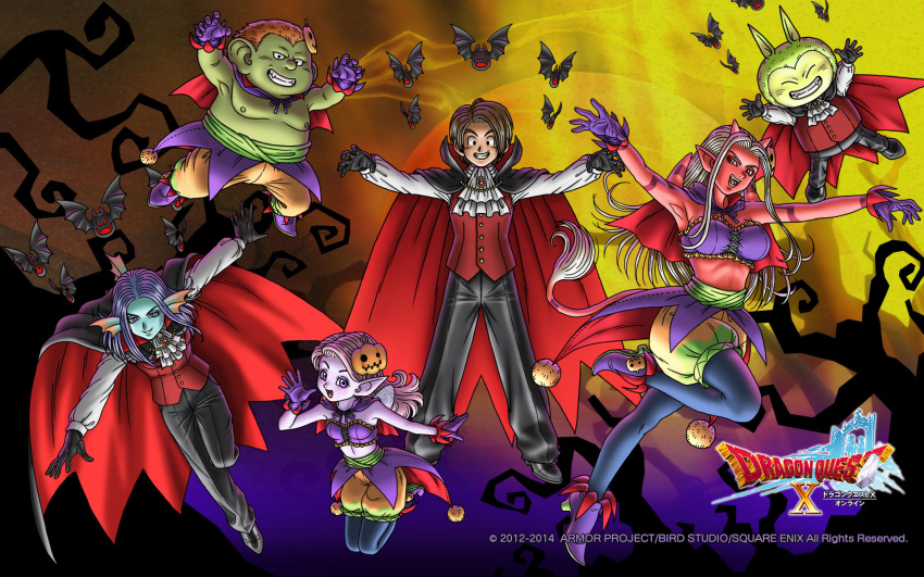 3boys, 3girls, aqua_skin, artist_request, ascot, bat_(animal), black_cape, black_gloves