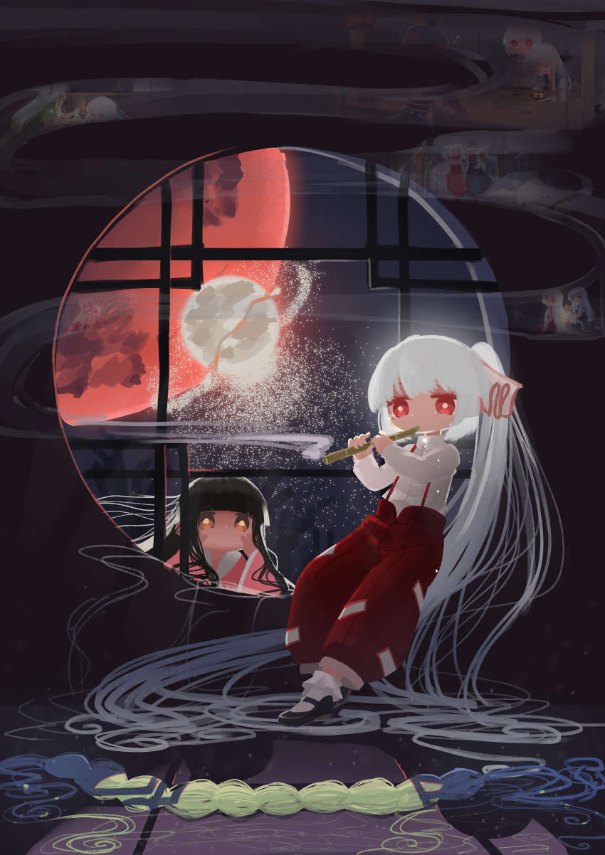 2girls, absurdly_long_hair, absurdres, black_hair, bobby_socks, bow, collared_shirt, ex-keine