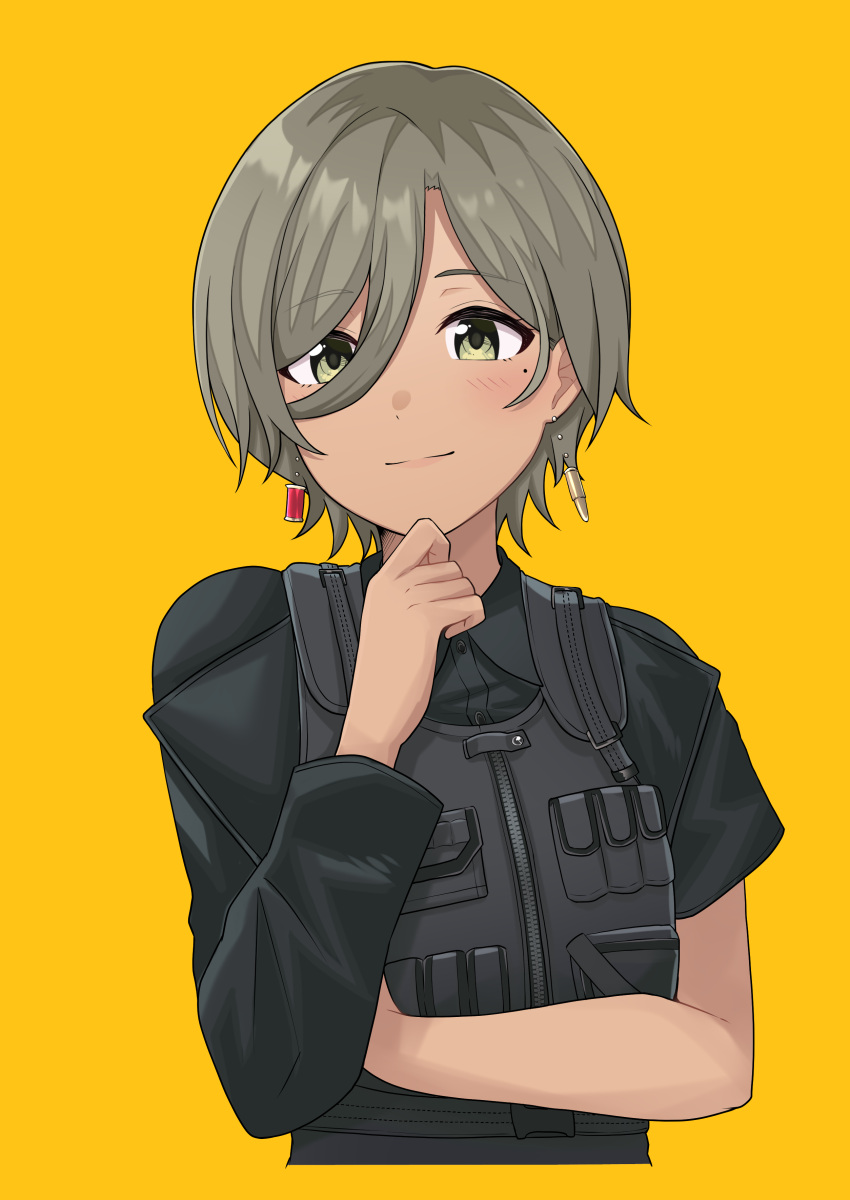 1girl, absurdres, asymmetrical_sleeves, black_shirt, black_vest, brown_eyes, brown_hair, closed_mouth