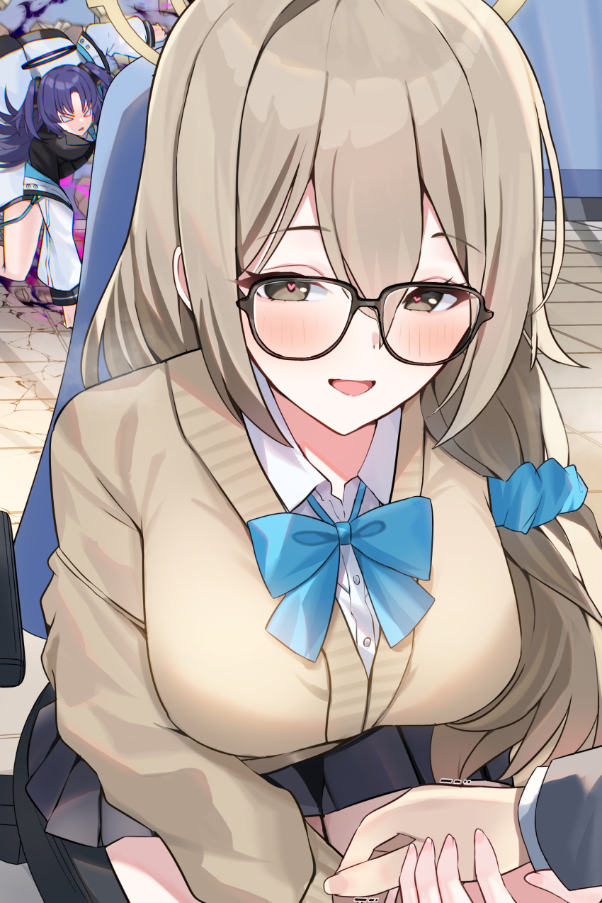 1other, 2girls, akane_(blue_archive), akane_(school_uniform)_(blue_archive), blue_archive, blue_bow, blue_bowtie, bow