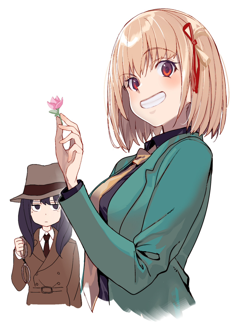 2girls, arsene_lupin_iii, arsene_lupin_iii_(cosplay), black_hair, black_shirt, blonde_hair, brown_coat, coat