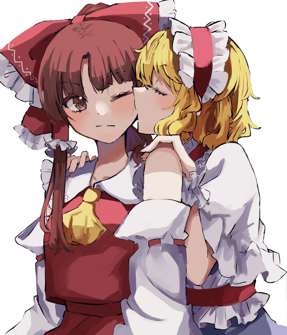 2girls, alice_margatroid, ascot, blonde_hair, blue_dress, blush, bow, brown_eyes